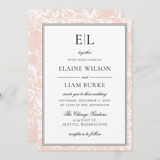 Invitation Élégant Mariage floral brillant Monogram (Devant / Derrière)