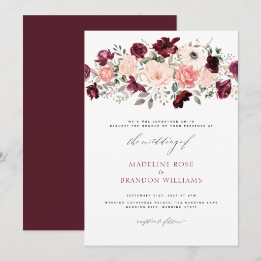 Invitation Élégant Mariage floral Burgundy Blush (Devant / Derrière)