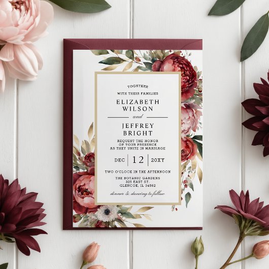 Invitation Élégant Mariage floral Burgundy Burgundy Or