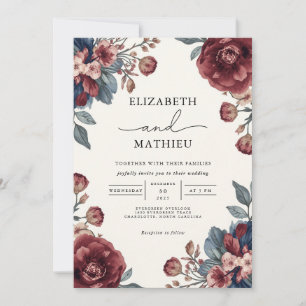 Invitation Elégant Mariage Floral Burgundy & Dusty