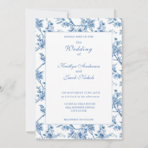 Invitation Élégant mariage floral chinoiserie bleue
