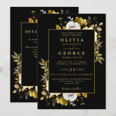 Invitation Élégant Mariage Floral Code QR Or Noir Rustique (Devant / Derrière)
