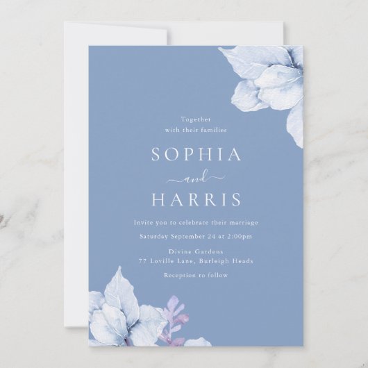 Invitation Elégant Mariage floral couleur bleu (Devant)