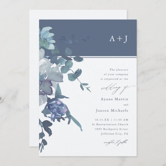 Invitation Elégant Mariage floral couleur bleu (Devant / Derrière)