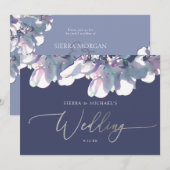 Invitation Élégant Mariage floral d'argent bleu Dusty (Devant / Derrière)