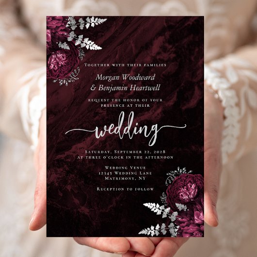 Invitation Élégant Mariage floral d'argent de Bourgogne