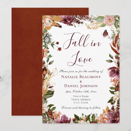 Invitation Élégant Mariage floral d'automne (Devant / Derrière)