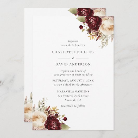 Invitation Élégant Mariage floral de Bourgogne (Devant / Derrière)