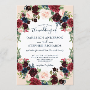 Invitation Élégant Mariage floral de Bourgogne, Marine et Ros