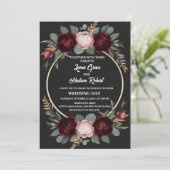 Invitation Élégant Mariage floral de Bourgogne, Noir et Or (Debout devant)