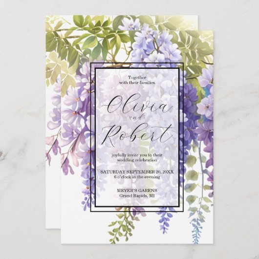 Invitation Élégant mariage floral de glyteria couleur pourpre (Devant / Derrière)