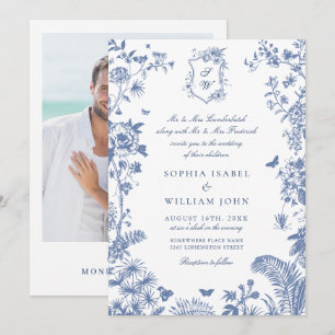 Invitation Élégant Mariage Floral de Jardin Baroque Bleu à la