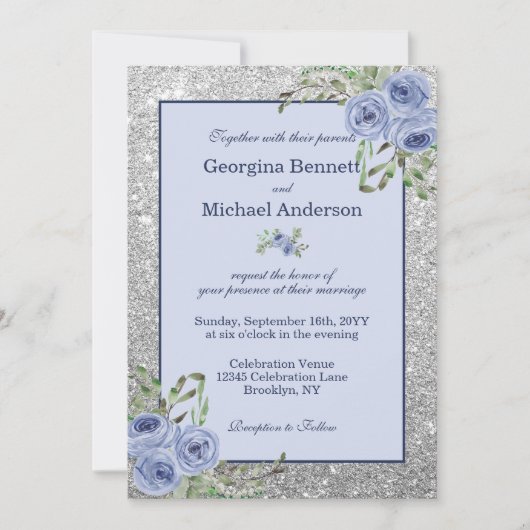 Invitation Élégant Mariage floral de la marine bleu argenté é (Devant)