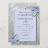 Invitation Élégant Mariage floral de la marine bleu argenté é (Devant / Derrière)