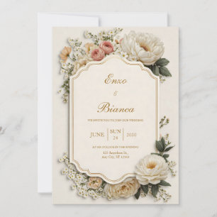 Invitation Élégant mariage floral de paeonie rose saumon en c
