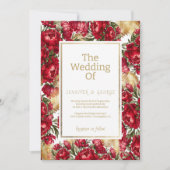 Invitation Élégant mariage floral de pivoines rouges or et ve (Devant)