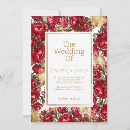 Invitation Élégant mariage floral de pivoines rouges or et ve (Devant)