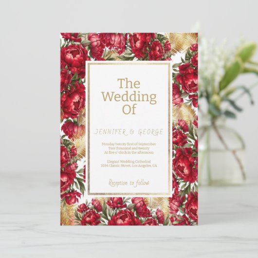 Invitation Élégant mariage floral de pivoines rouges or et ve (Debout devant)