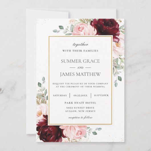 Invitation Élégant Mariage floral de Roses roses roses blanch (Devant)