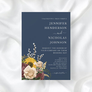 Invitation Élégant Mariage floral de tournesol bleu marine