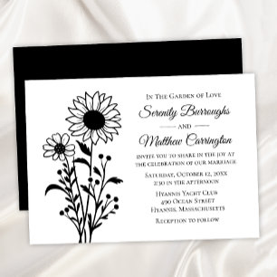 Invitation Élégant Mariage floral de tournesol noir blanc