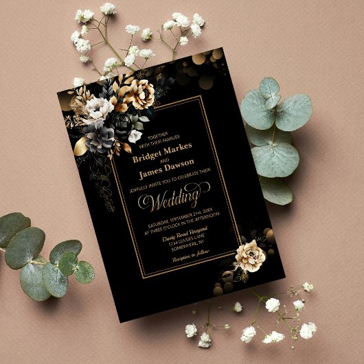 Invitation Élégant Mariage Floral d'or noir