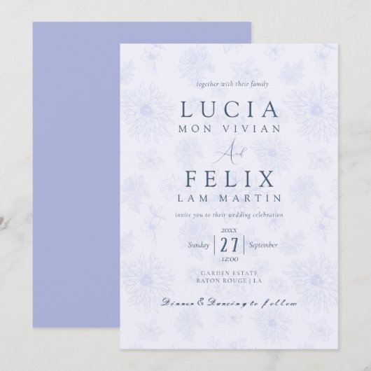 Invitation Élégant Mariage floral Dusty Bleu Ombre (Devant / Derrière)