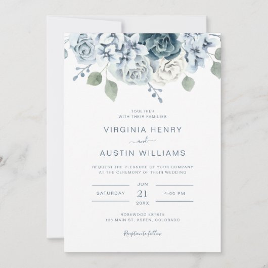Invitation Élégant Mariage floral Dusty Blue (Devant)