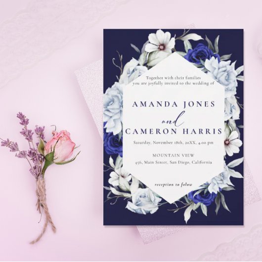 Invitation Elégant Mariage floral Dusty Blue Navy