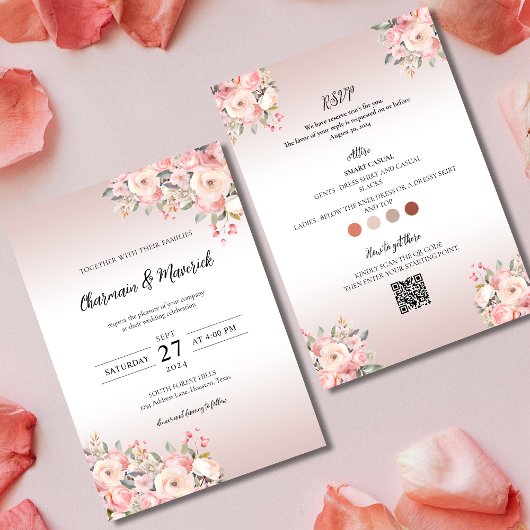 Invitation Élégant Mariage floral Dusty rose tout en un