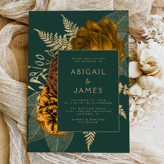 Invitation Élégant Mariage Floral Emerald Green Rust Gold