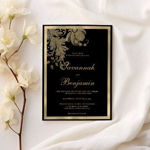 Invitation Élégant mariage floral en dentelle noire