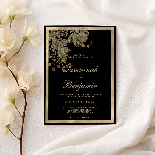 Invitation Élégant mariage floral en dentelle noire