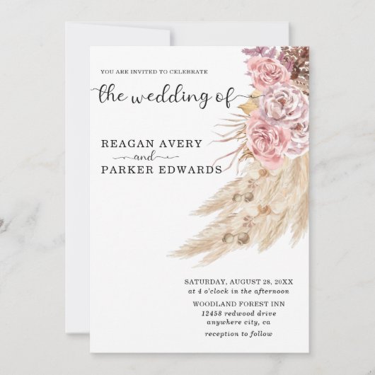 Invitation Élégant Mariage floral en laiton séché Pampas (Devant)