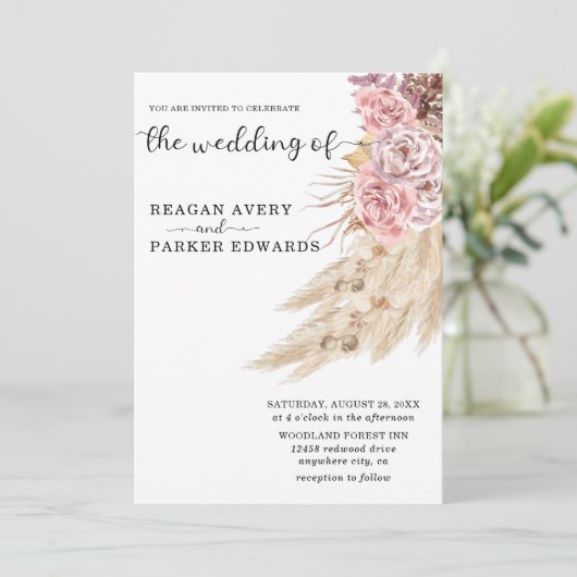 Invitation Élégant Mariage floral en laiton séché Pampas (Debout devant)