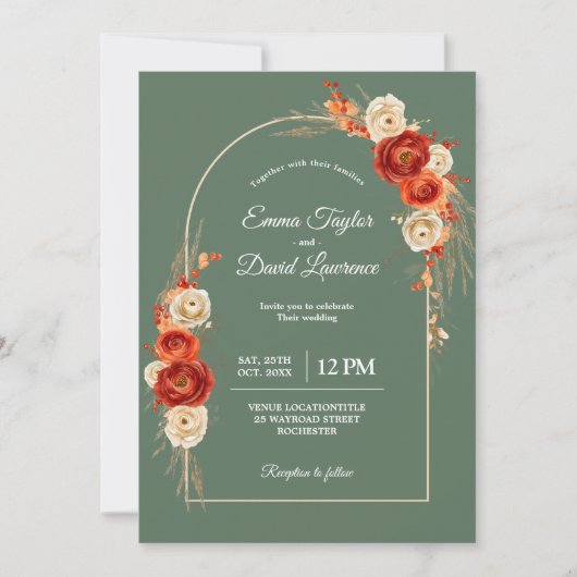 Invitation Élégant mariage floral en terre cuite automne (Devant)