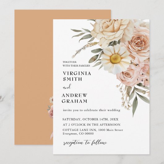 Invitation Élégant Mariage Floral en terre cuite moderne Boho (Devant / Derrière)