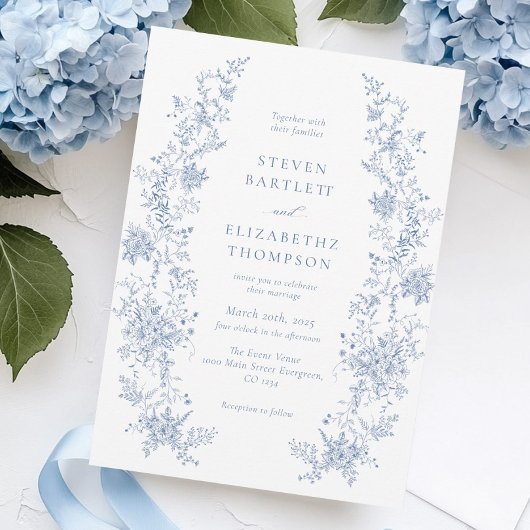 Invitation Élégant Mariage Floral Français Dusty Blue