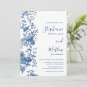Invitation Élégant Mariage Floral Français Toile Bleu (Debout devant)