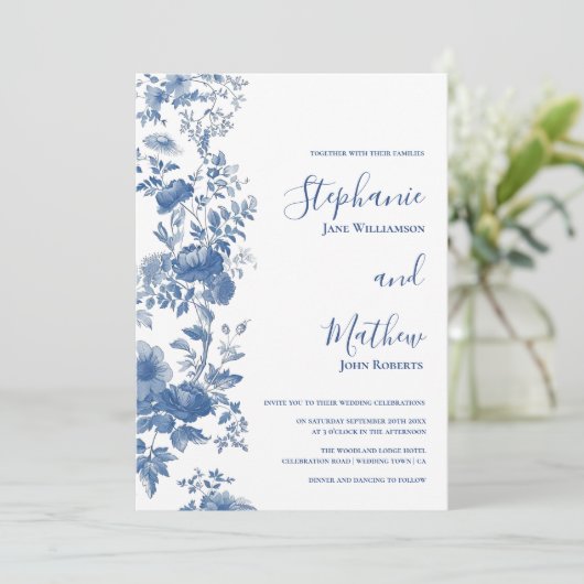 Invitation Élégant Mariage Floral Français Toile Bleu (Debout devant)