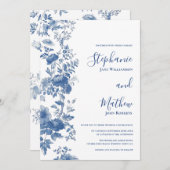 Invitation Élégant Mariage Floral Français Toile Bleu (Devant / Derrière)