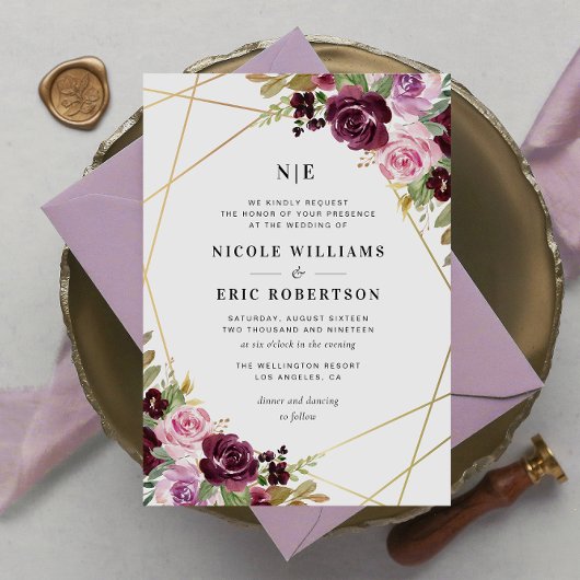 Invitation élégant mariage floral géométrique