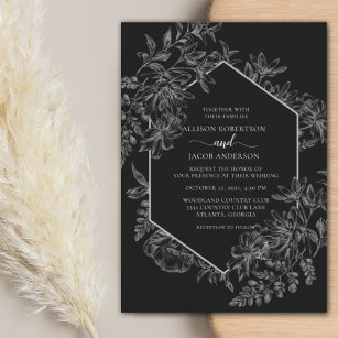 Invitation Élégant Mariage floral géométrique noir et blanc