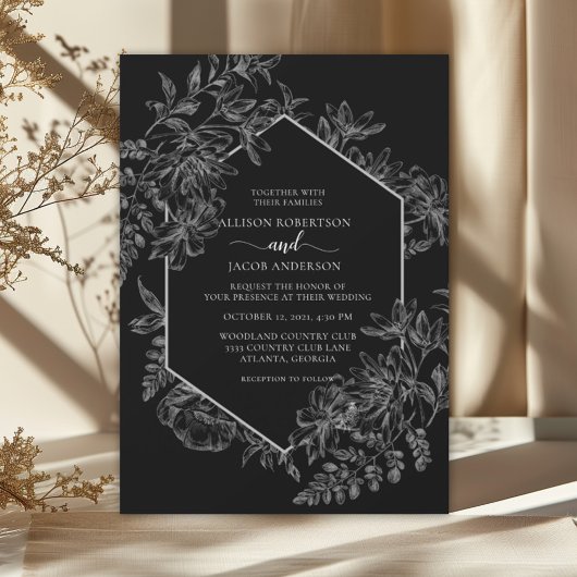 Invitation Élégant Mariage floral géométrique noir et blanc