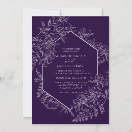Invitation Élégant Mariage floral géométrique violet blanc (Devant)