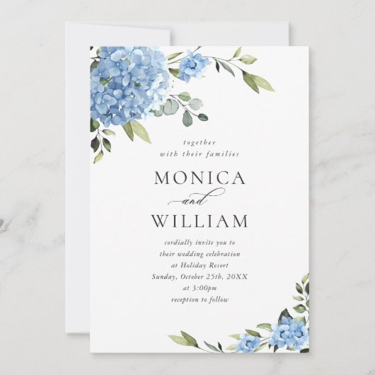 Invitation Élégant Mariage Floral Hydrangea Bleu Tout en un (Devant)