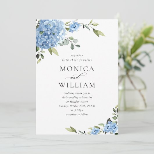 Invitation Élégant Mariage Floral Hydrangea Bleu Tout en un (Debout devant)
