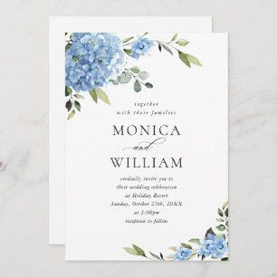 Invitation Élégant Mariage Floral Hydrangea Bleu Tout en un