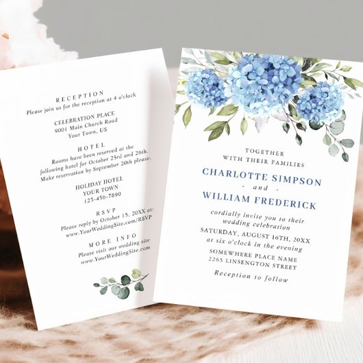 Invitation Élégant Mariage Floral Hydrangea Bleu Tout en un