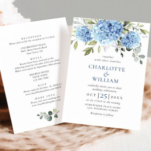 Invitation Élégant Mariage Floral Hydrangea Bleu Tout en un